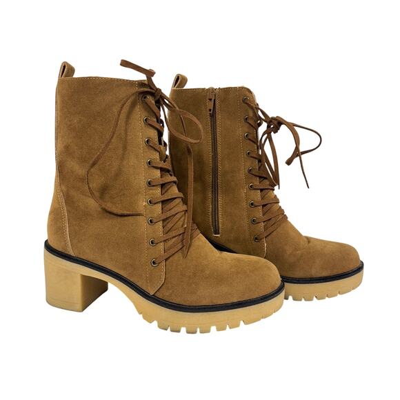 Oasis Society Dark Camel Faux Suede Lace-Up Platform Combat Boots Women Size 6.5 - Picture 1 of 7